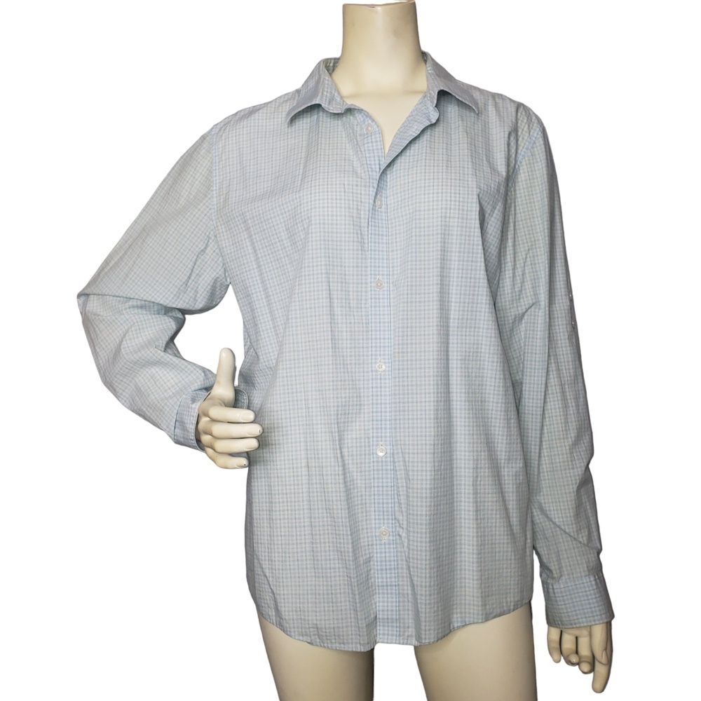 CALVIN KLEIN Blue and White Plaid Stripe Button Up Long Sleeve Shirt Size Large